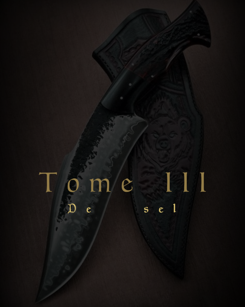 Tome III De sel. Fond sombre, couteau et étui travaillé