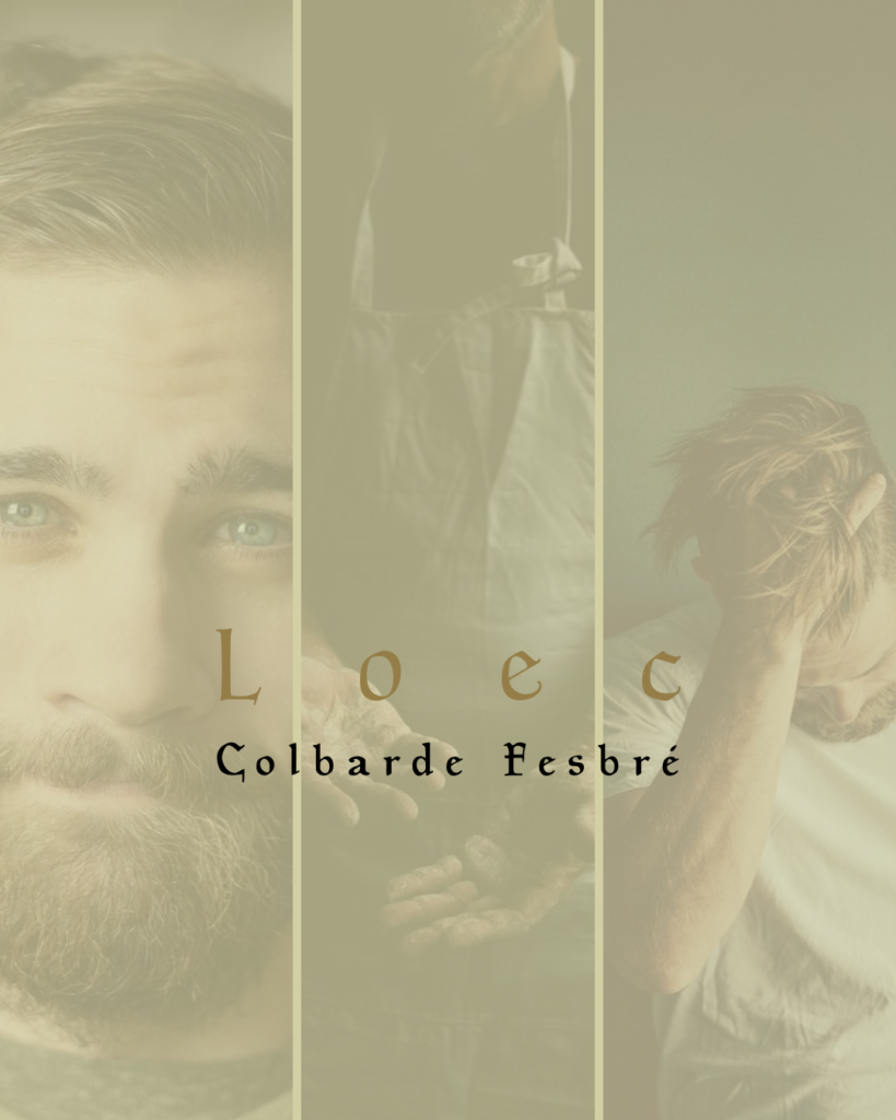 Loec Colbarde Fesbré. 3 panneaux: Jeune homme barbu au regard tendre, homme avec un tablier, mains sales de son travail, homme troublé avec une main dans ses cheveux