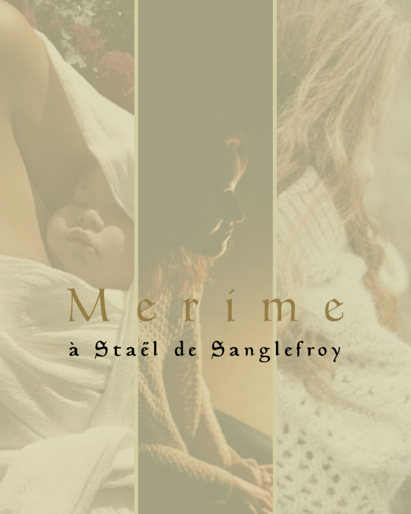 Merime à Staël de Sanglefroy. 3 panneaux: femme rousse avec un bébé en portage, femme près d'un feu de camp, femme mure dans un gros tricot chaud